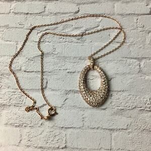 Rose Gold Tone Pave CZ Open Oval Pendant Necklace Sterling Silver